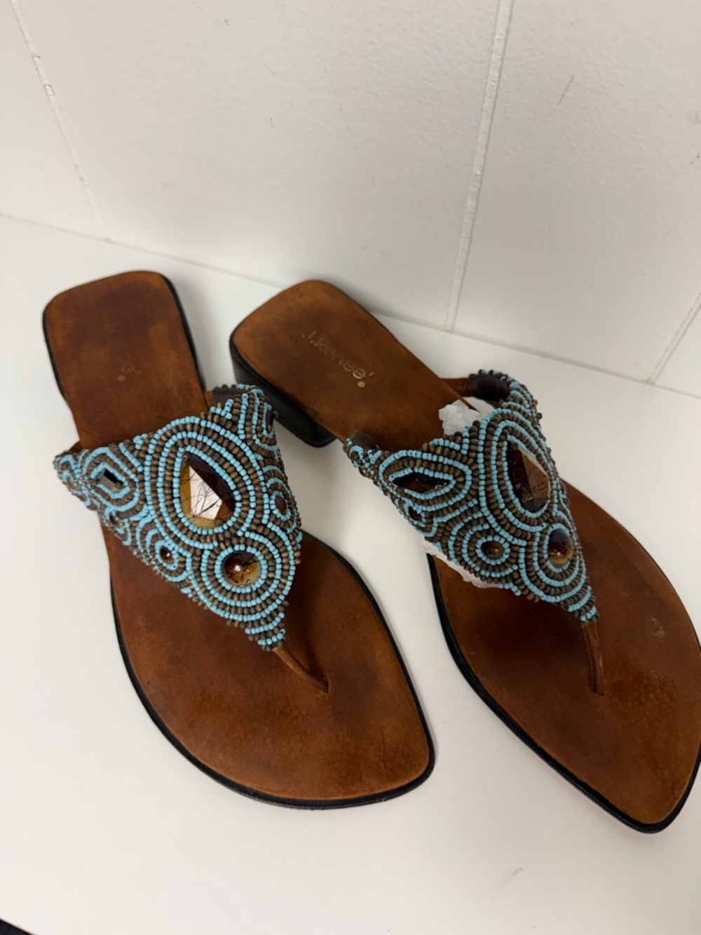 J. Renee Beaded Thong-Style Sandals Turquoise and Brown Leather Sole